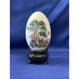 Hand Painted Egg Scenic Tree and Landscape on Wooden Base